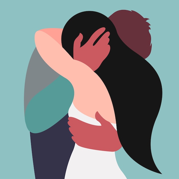 vector highly stylized image of two people hugging in a trendy color palette. Valentine's Day card.