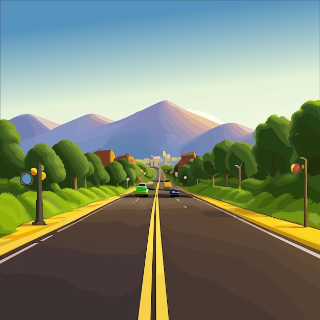 Vector highway landscape scene with cartoon style