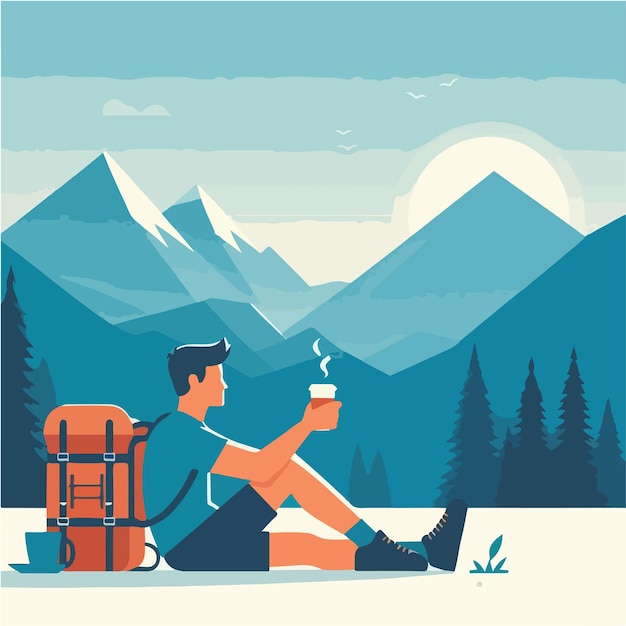 Vector hiking people are sitting in the mountains drinking coffee