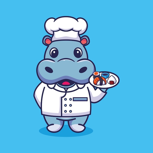 Vector ippopotamo chef mascotte logo cartone animato carino kawaii creativo
