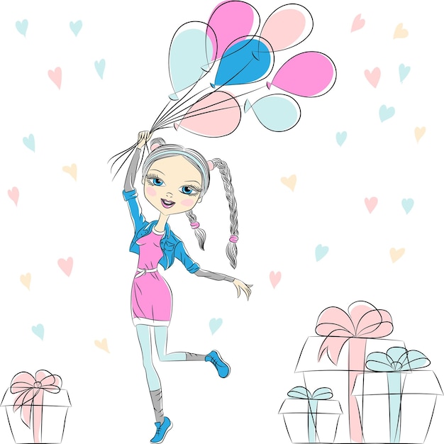 Vector vector hipster fashion girl with multi-colored balloons