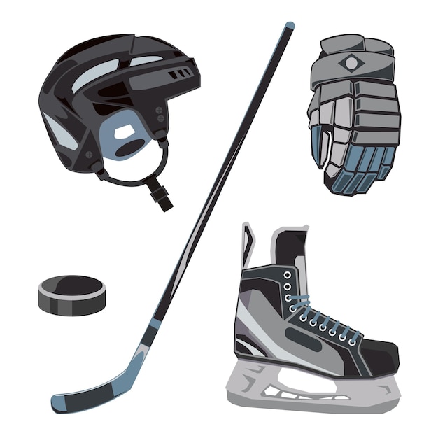 Icone dell'hockey vettoriale in stile piatto collezione di attrezzature per il ghiaccio, guanti da casco, guanti, pattini, accessori per attrezzature sportive, design per club, campionati, ecc