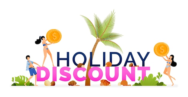 Vector of holiday sale program discount ticket purchases for summer vacations to tropical beaches