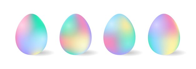 Vettore collezione di uova di pasqua olografiche vettoriali volume multicolore sfumato pastello isolato uova su bianco