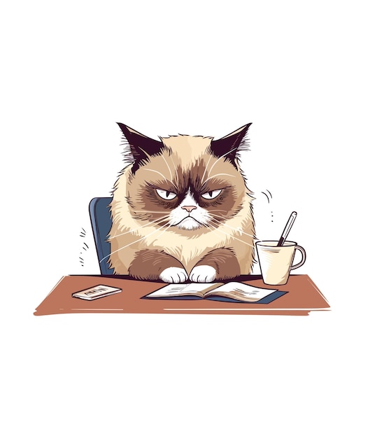 Vector Home office grumpy cat isolated on a white background