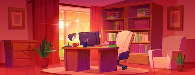Vector home office interior with desk in morning