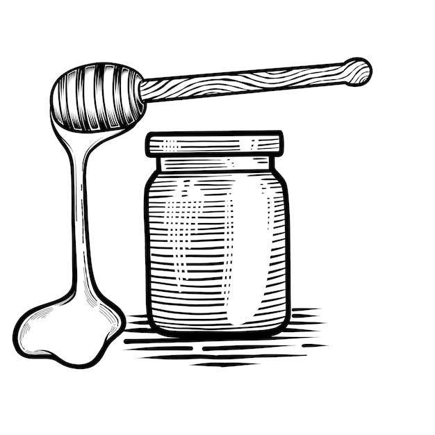 꿀 항아리와 녹은 액체 꿀이 든 막대기의 벡터. 손으로 그린 스케치 그림, 판화
