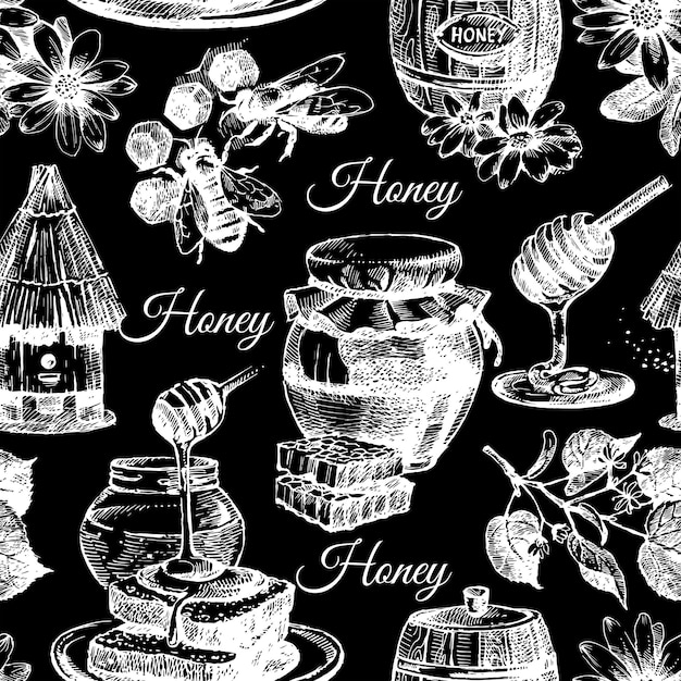 Vector honey seamless pattern with hand drawn sketch illustration