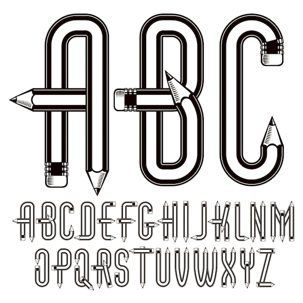 Vector hoofdletters Engelse alfabet letters collectie gebouwd met scherpe potloden, office tools design. Kan worden gebruikt in posterontwerp als tijdschriftreclame.