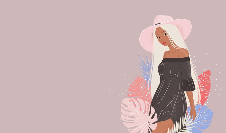 Vector vector horizontal banner cute illustration of a woman in a dress and a hat tropical leaves