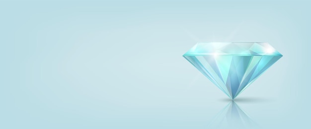 Vector Horizontal Banner with 3d Realistic Blue Transparent Triangular Glowing Gemstone