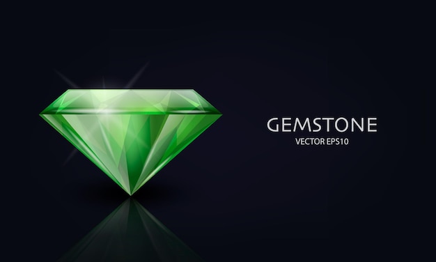 Векторный горизонтальный баннер с 3d реалистичным зеленым прозрачным драгоценным камнем Diamond Crystal Rhinestones Closeup on Black Jewerly Concept Design Template Клипарт Вид сбоку