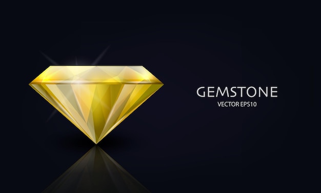 Векторный горизонтальный баннер с 3d реалистичным yellowtransparent gemstone diamond crystal rhinestones closeup on black jewerly concept design template клипарт вид сбоку