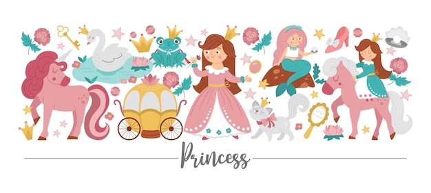 Vector horizontal border set with cute fantasy princess unicorn and fairytale elements medieval fairy tale card template design with cute magic characters funny magic storybook border xa