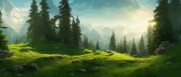 Vector horizontal landscape with fog forest mountains morning sunlight illustration panoramic view
