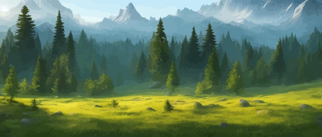 Vector horizontal landscape with fog forest mountains morning sunlight illustration panoramic view