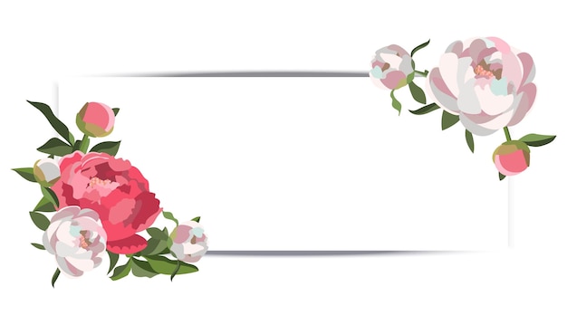 Vector horizontal wedding banner with pink and white peony floral arrangements