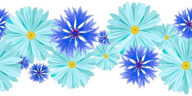 Vector horizontale naadloze achtergrond met lichtblauwe madeliefjes en blauwe lila korenbloemen