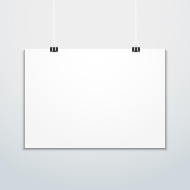 Vector vector horizontale witte lege poster opgehangen aan kantoorklemmen mock up realistische schaduw lege sjabloon geïsoleerd lichte achtergrond