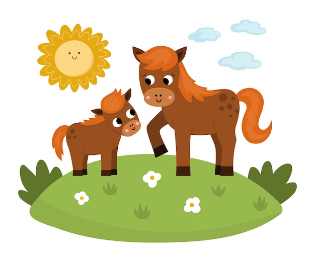 Vector horse with baby on a lawn under the sun Cute cartoon family scene illustration for kids Farm animals on natural background Colorful flat mother and baby picture for children