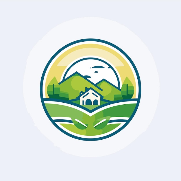 Vector of a house in a field with mountains in the background