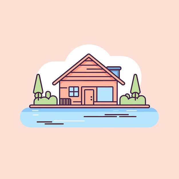 Vector of a house on a small island surrounded by trees