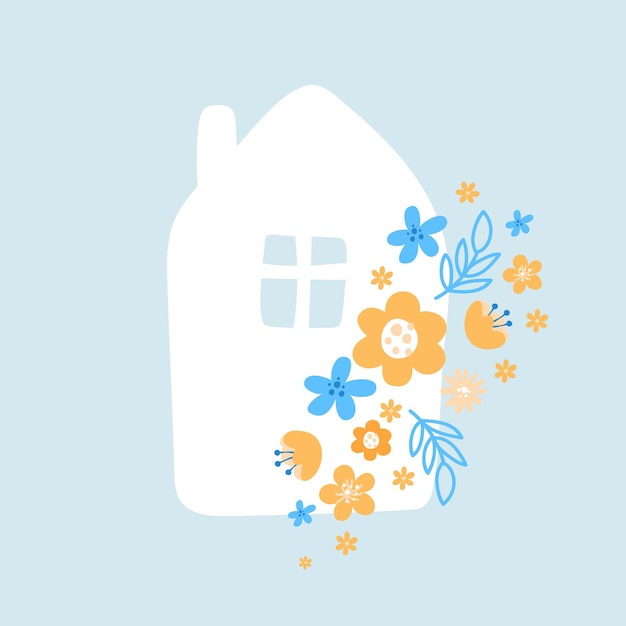 Vector house of Ukraine with flowers on blue background Stop War in my home concept illustration