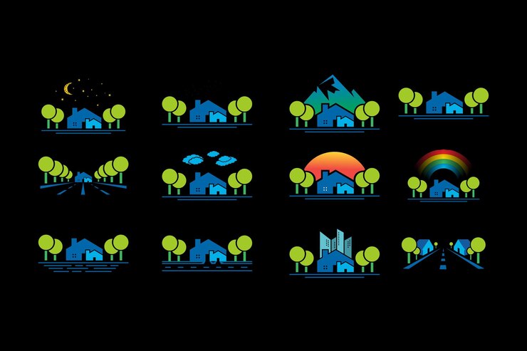 Vector vector house view around and black background
