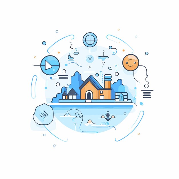 Vector of a house with various icons and symbols in a flat style