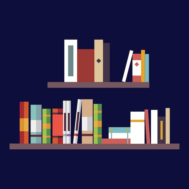 Vector houten boekenplanken met diverse boeken platte set voor webdesign