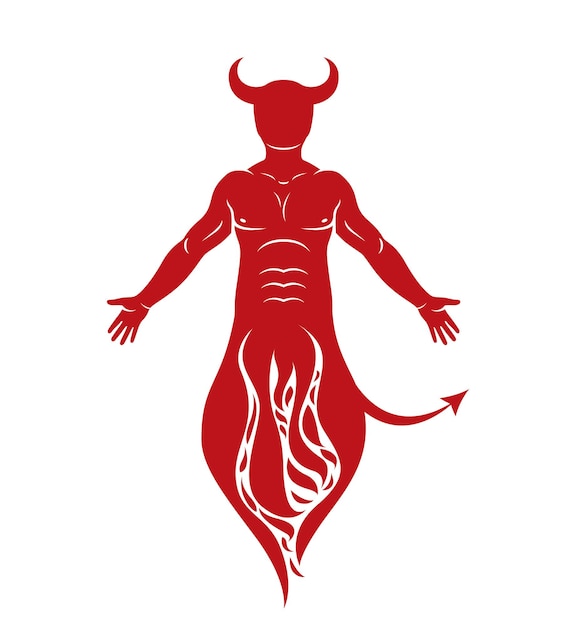 Vector human being standing in flame. Mystic infernal horned Satan, evil spirit.