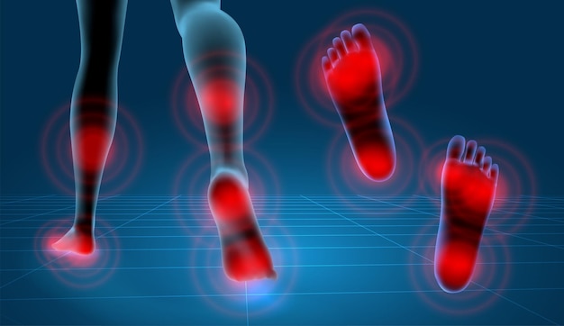 Vector vector human foot. blue contour and red spots of pain. ready element for medicine and orthopedics