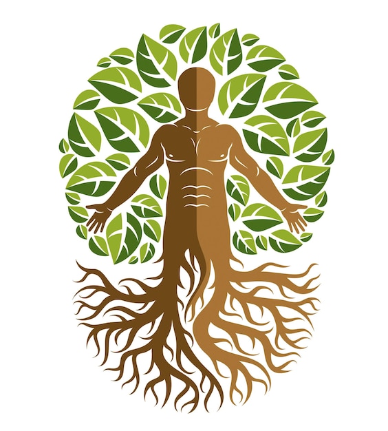 Вектор Векторный человек, индивидуальность, созданная корнями деревьев и окруженная экологически зелеными листьями. генеалогическое древо, древо жизни концептуальная графическая иллюстрация.