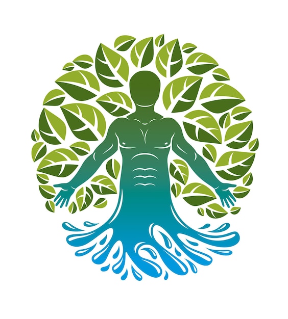 Vector human, individuality deriving from water wave and surrounded by eco green leaves. Alternative medicine, homeopathy graphic illustration.