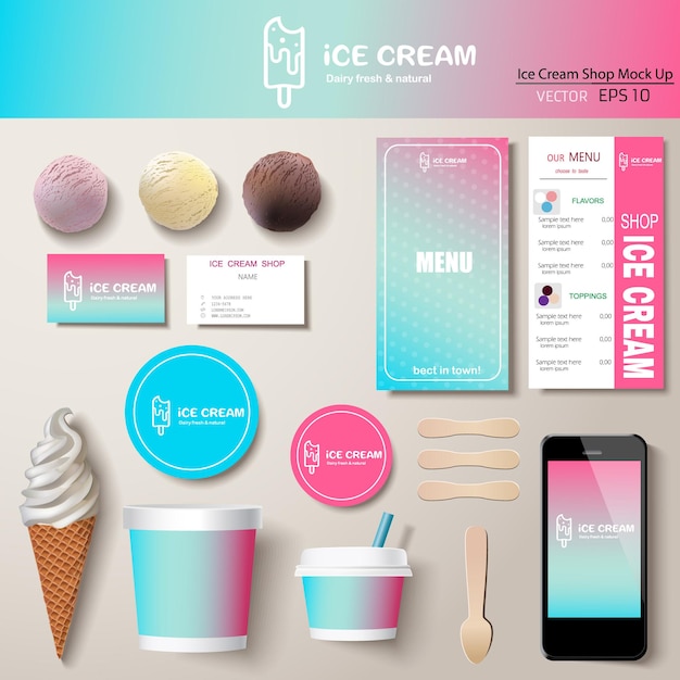 Insieme di progettazione del modello di identità corporativa del gelato di vettore. mock up del marchio.