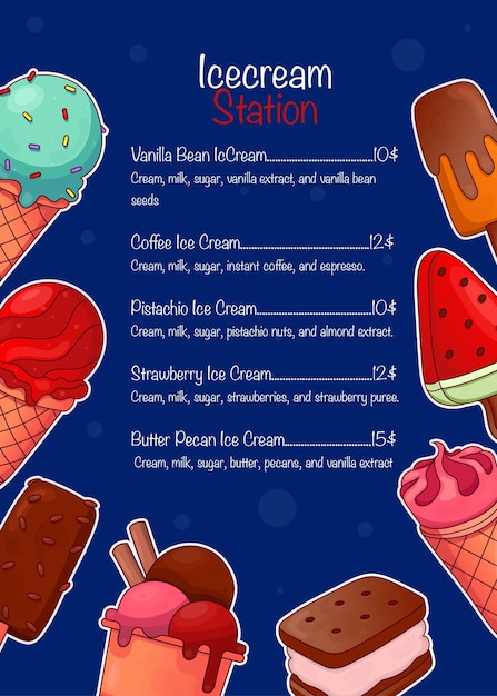 Vettore modello di menu gelato vettoriale con gelati disegnati a mano