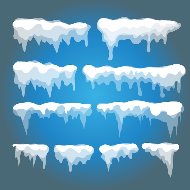 Вектор Векторные элементы сосульки и снега на синем фоне. различная снежная шапка, изолированные на белом. снежные элементы зимой