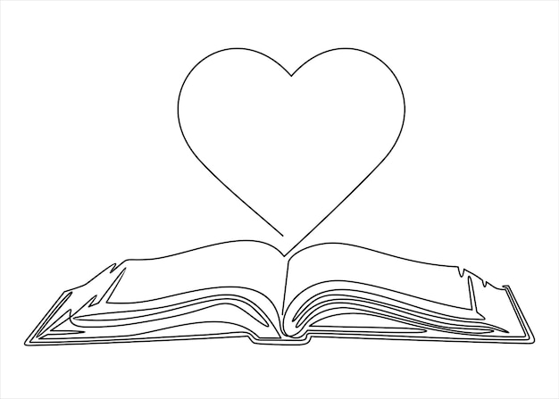 vector icon concept. I like reading. Open book pages as heart. continuous line drawing