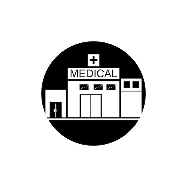 Vector icon of hospital building front silhouette on white background