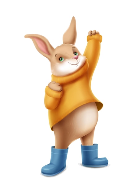 Vector icon illustration. Cute cartoon style rabbit dressed in winter clothes, boots and sweater. Is