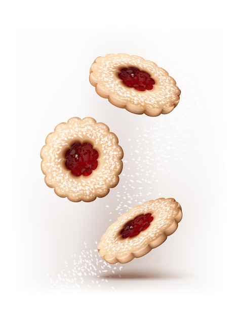 Vector vector icon linzer cookies falling with icing sugar baking cookies