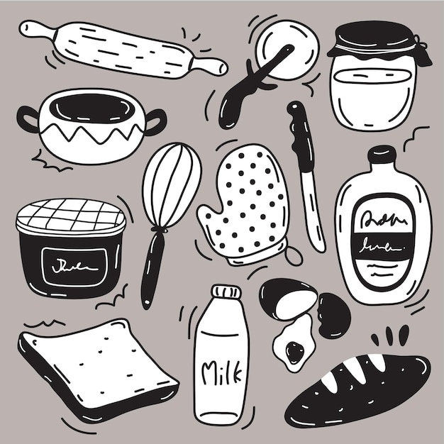 Vector icon set bakkerij. zoals donuts, croissants, koekjes. geïsoleerde achtergrond.