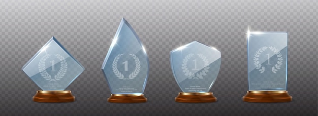 Vector icon set collection of glass trophy with wooden base in different shapes isolated on transp