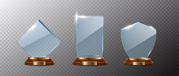 vector icon set Crystal glass winner trophy with wooden base with golden frame Isolated on transp