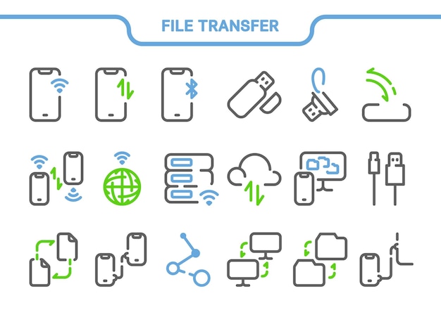 Vector icon set file transfer collection wifi bluetooth transfer of data files documents server internet web cloud storage flash drive usb port computer phone