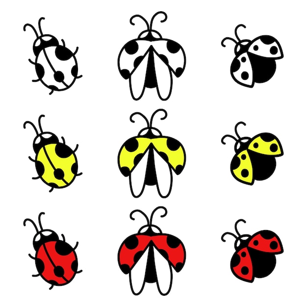 Vector icon set of multicolored ladybug icons on a white background