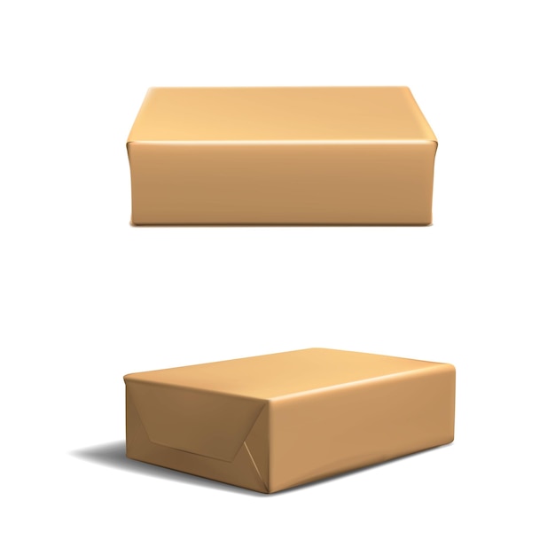 벡터 아이콘 세트 골판지 갈색 직사각형 상자를 측면 및 흰색 뒷면에 격리됨