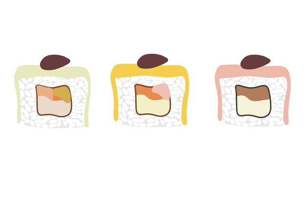 Vector icon set van lekkere gekleurde sushi rolt Verzameling van verschillende smaken en soorten