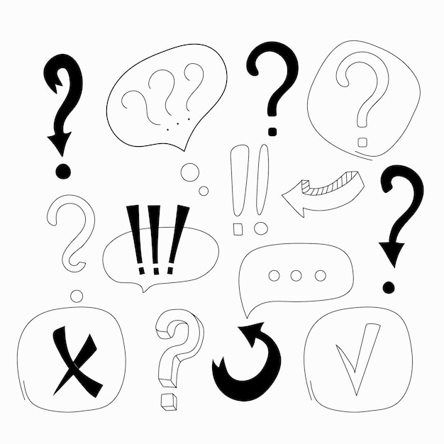 Vector vector iconen leesteken uitroepteken en vraagteken hand getrokken doodle stijl zwarte omtrek