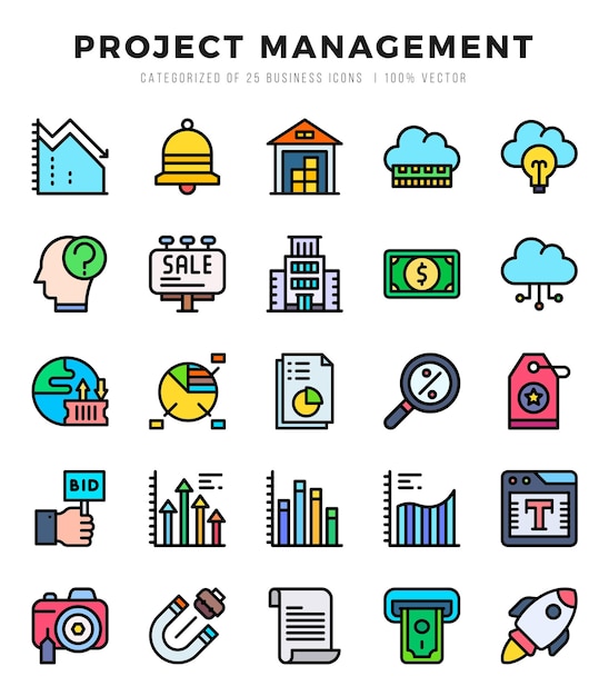 Vector-iconen set van Project Management Lineal Kleur stijl Iconen